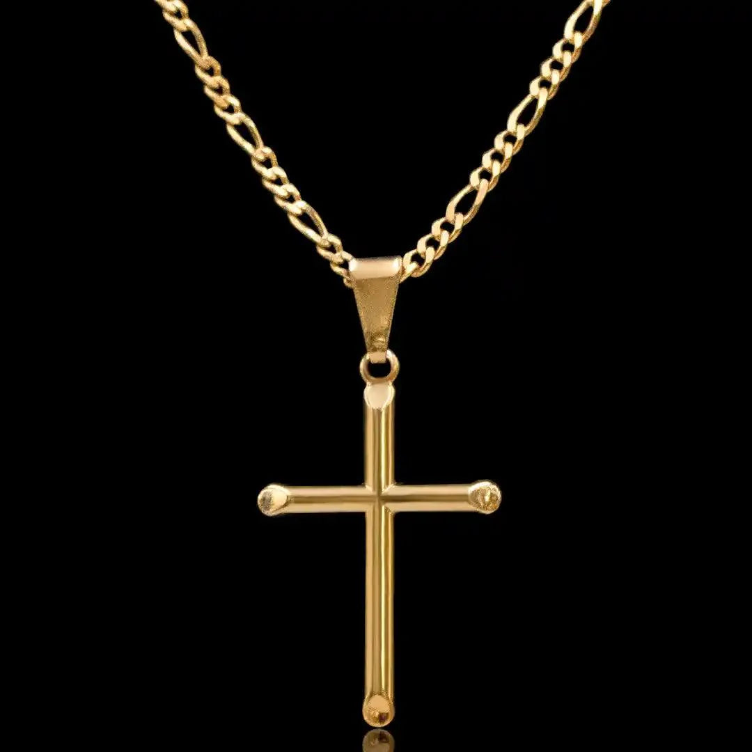 Corrente Fígaro 3x1 2mm com pingente Cruz Lisa Banhado a Ouro 18k